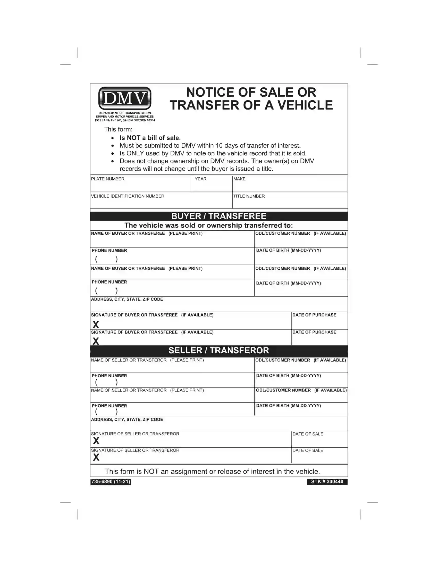 Free Printable Vehicle Bill Of Sale Oregon