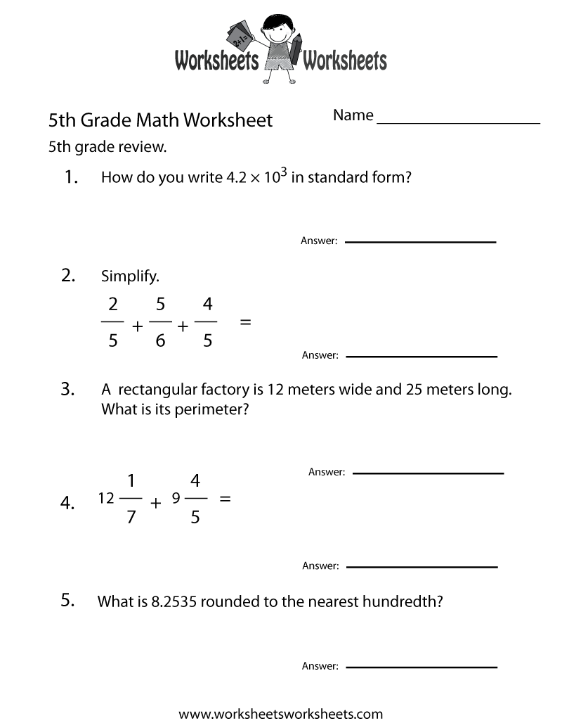 Free Printable 5th Grade Math Review Worksheet
