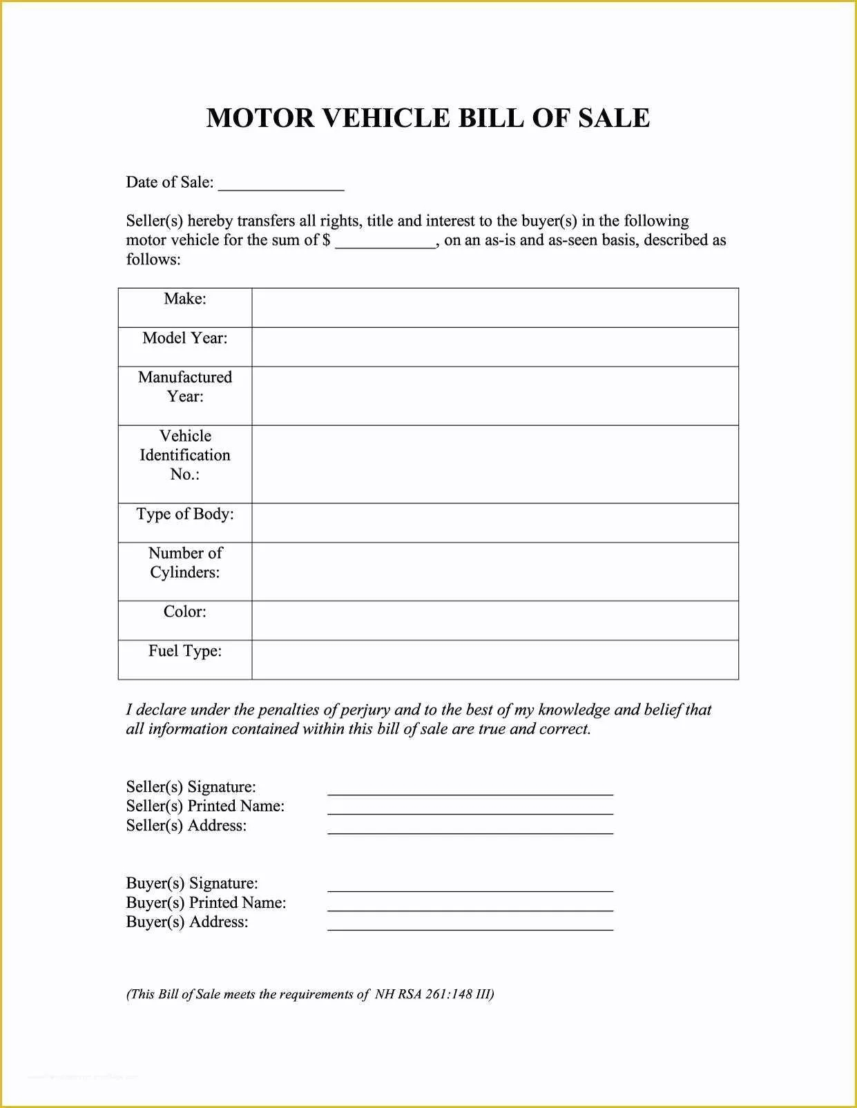 Free Printable Vehicle Bill Of Sale Template