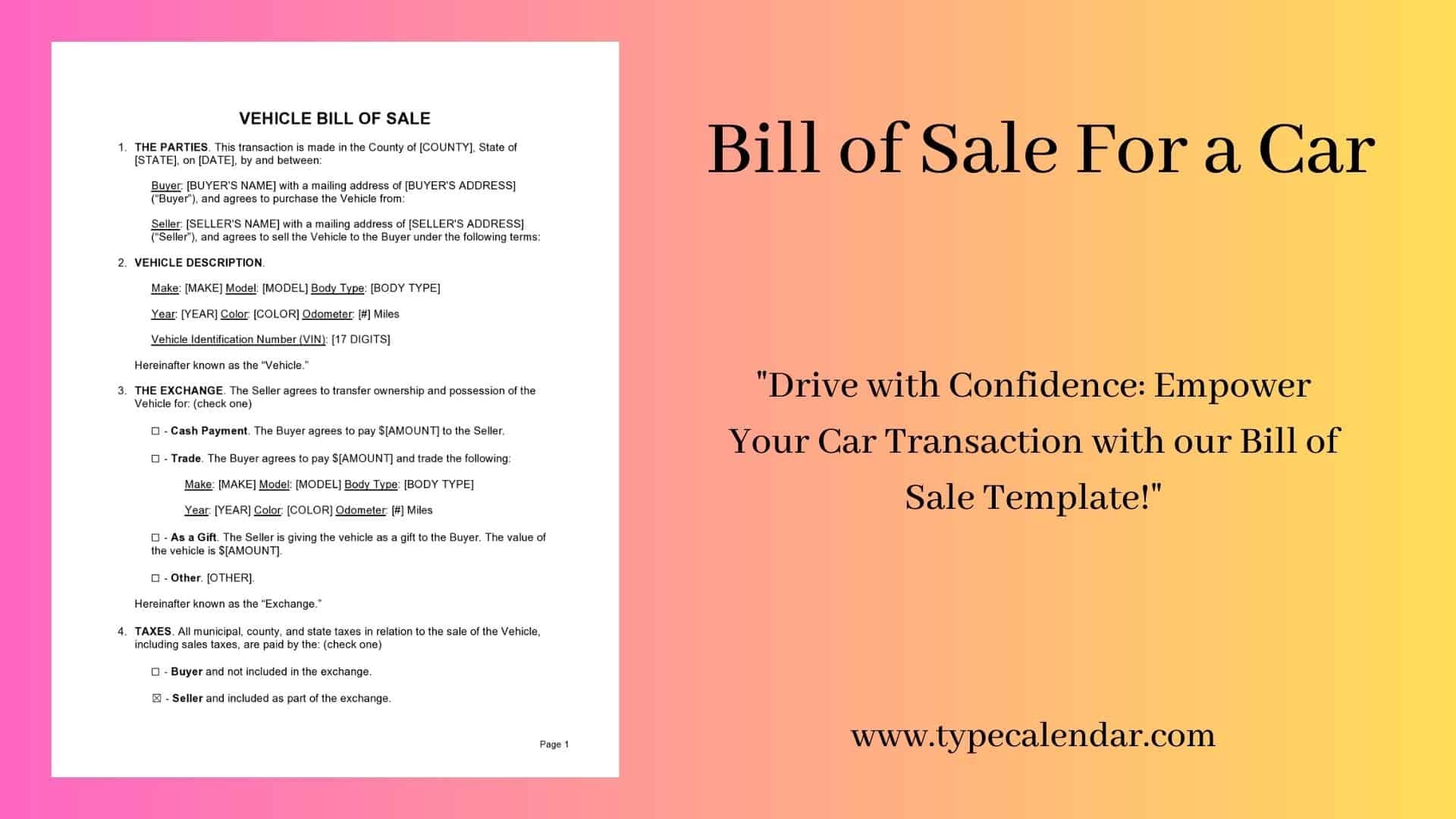 Free Printable Bill Of Sale For A Car Templates PDF Word With Payment Plan