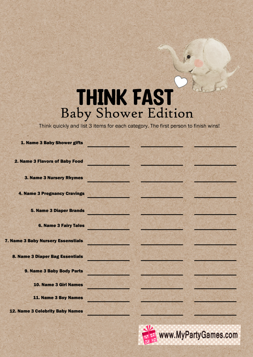 Free Printable Think Fast Baby Shower Game