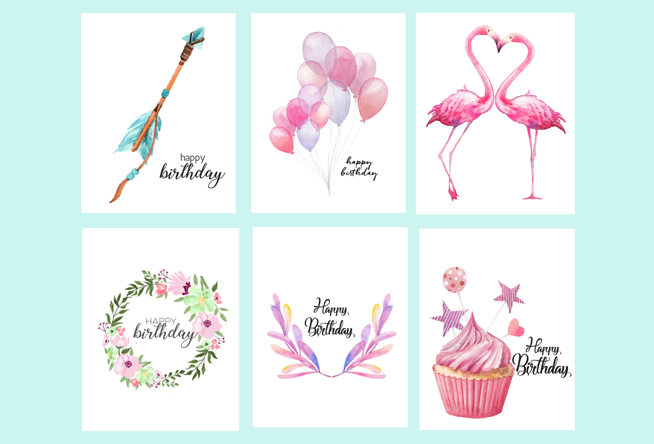free printable watercolor birthday cards flamingo balloons arrow cupcake tinselbox