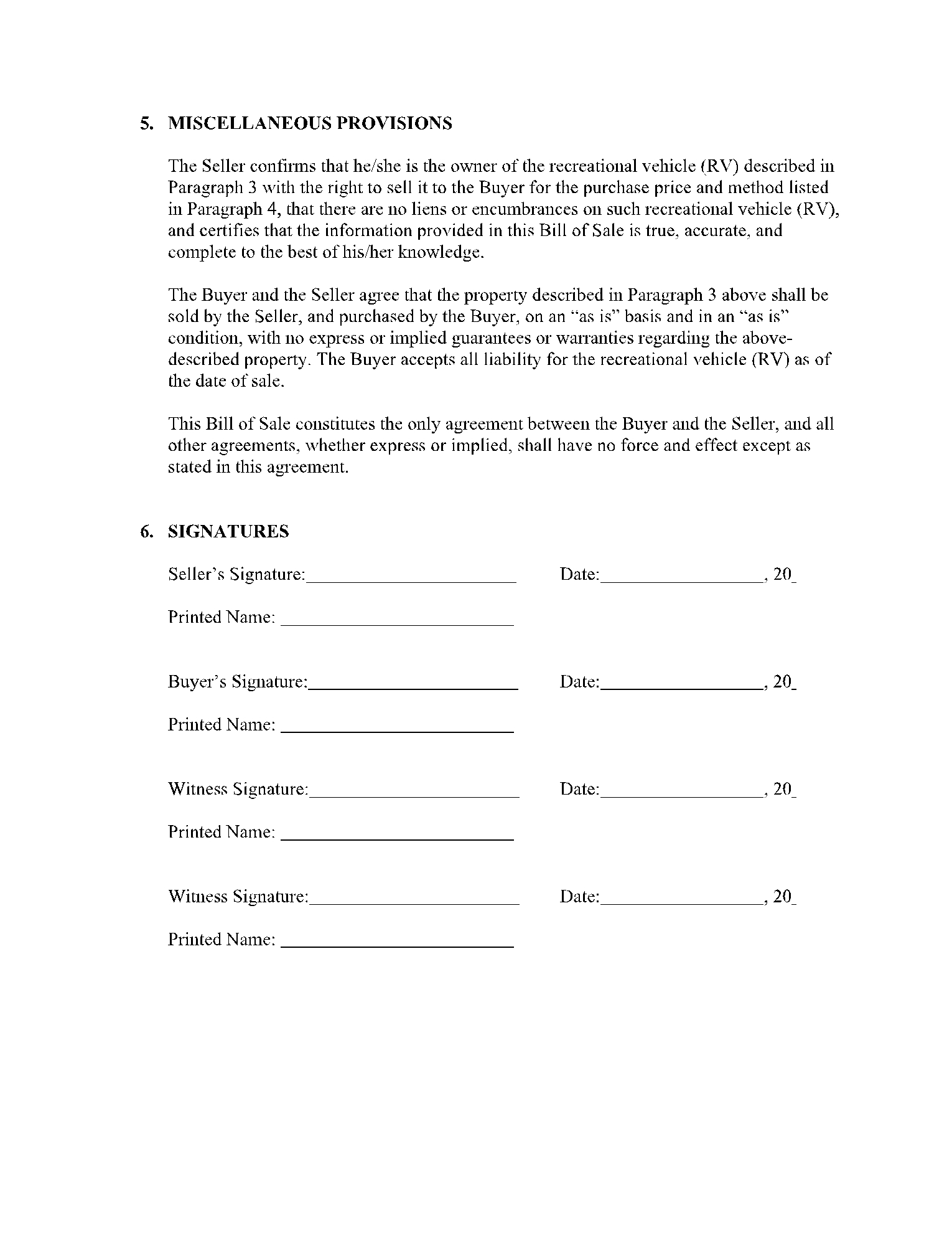 Free Recreational Vehicle RV Bill Of Sale Template CocoSign