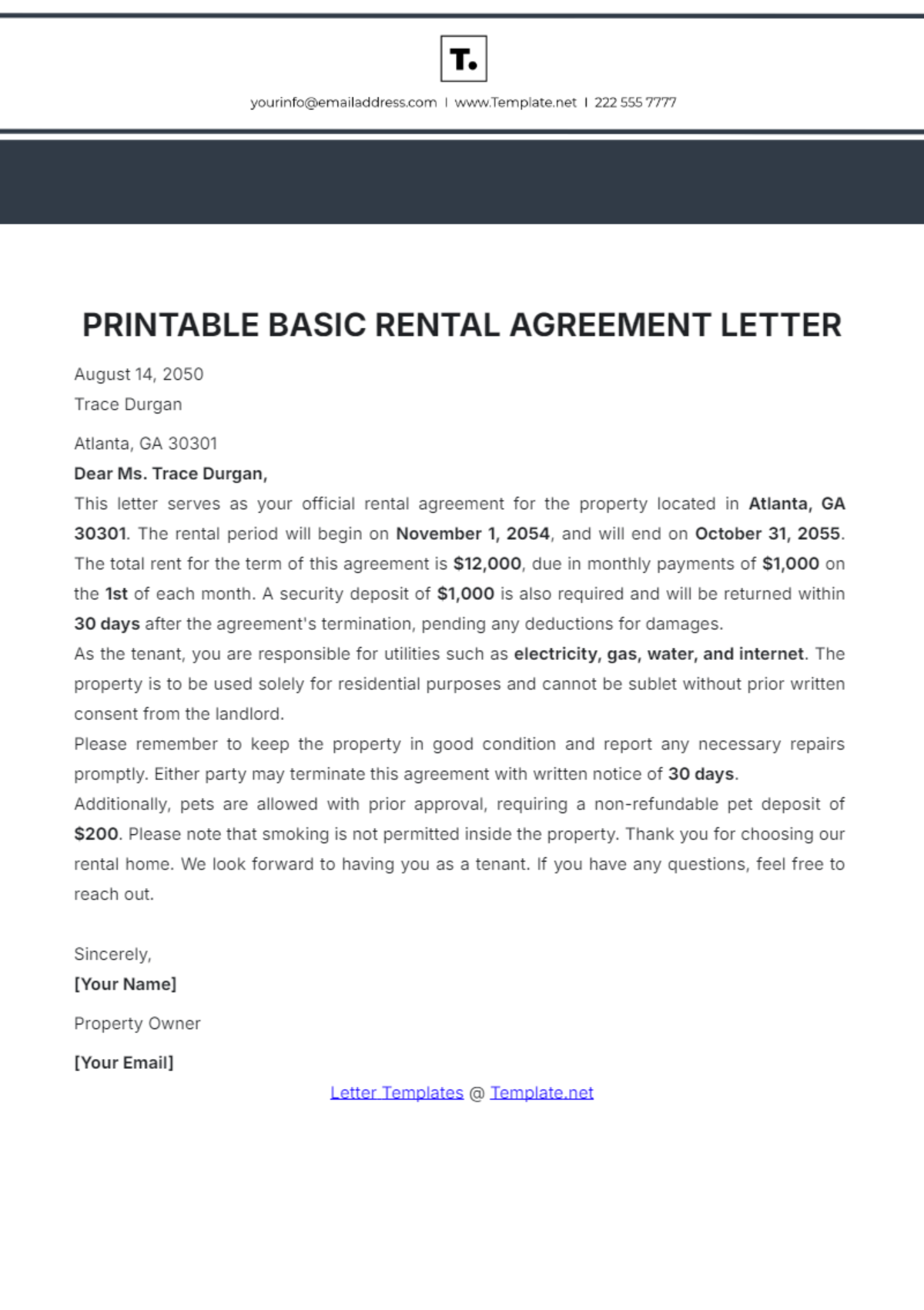 Free Rental Agreement Letter Templates Editable And Printable