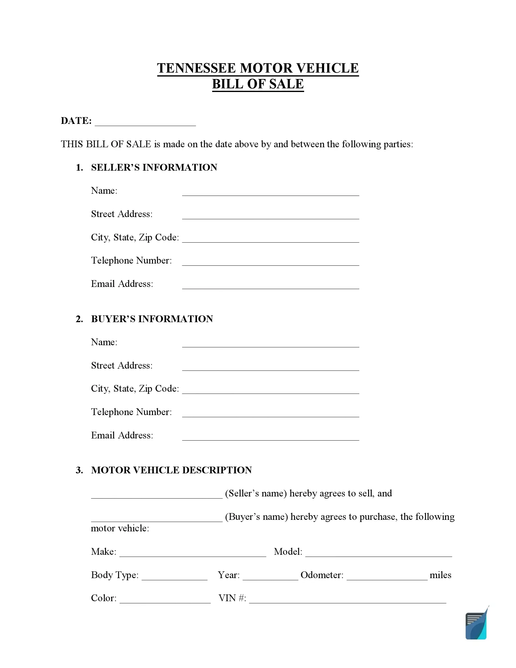 Free Tennessee Bill Of Sale Forms PDF FormsPal