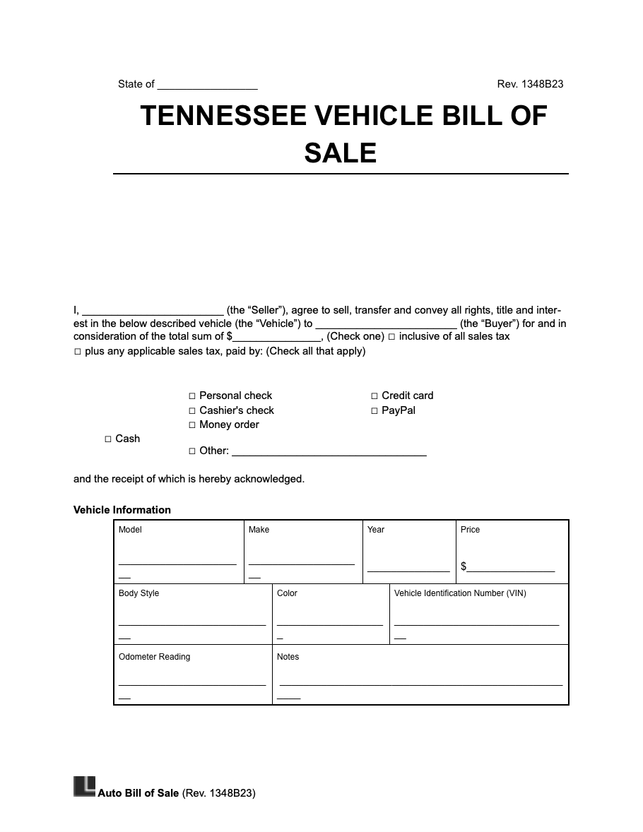 Free Tennessee Motor Vehicle Bill Of Sale Form PDF Word