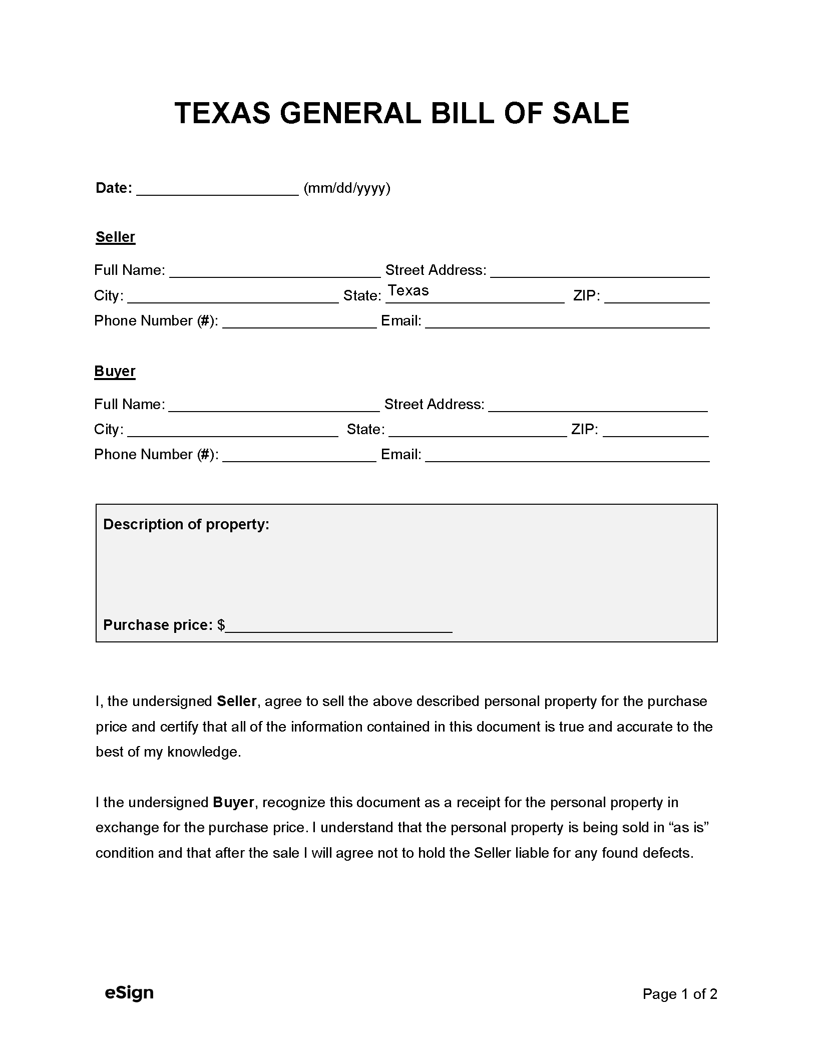 Free Printable Bill Of Sale Texas
