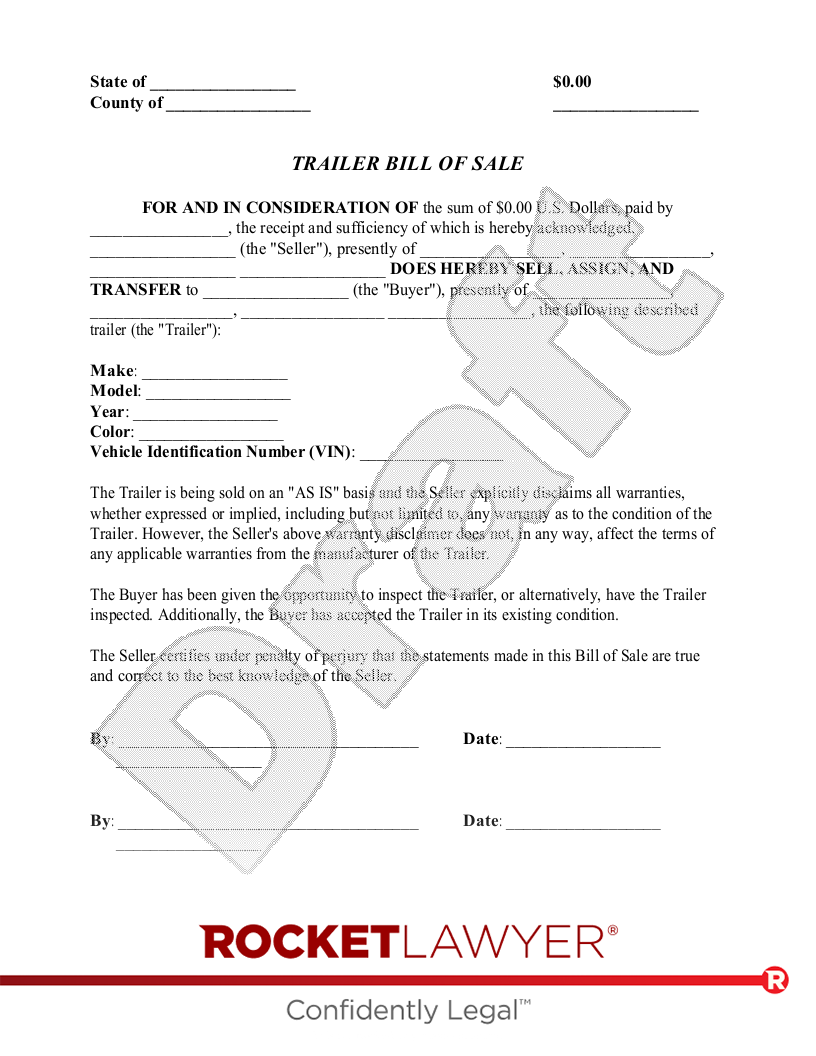 Free Printable Bill Of Sale For Trailer
