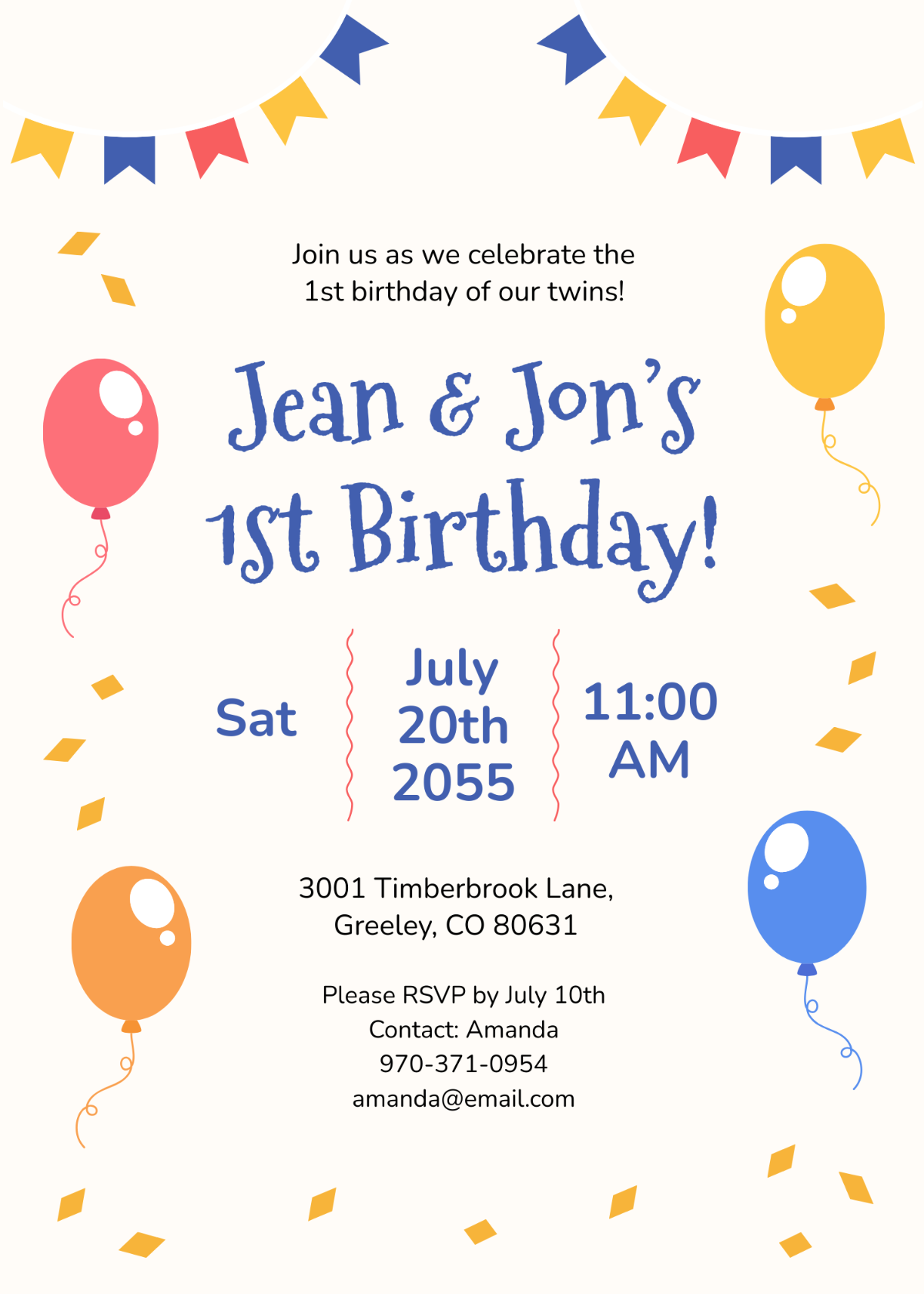 Free Twins First Birthday Invitation Template To Edit Online