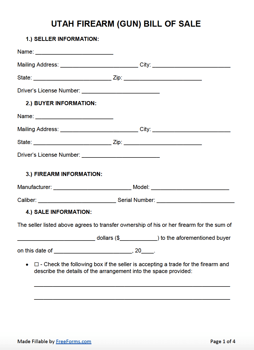 Free Printable Vehicle Bill Of Sale Form Utah