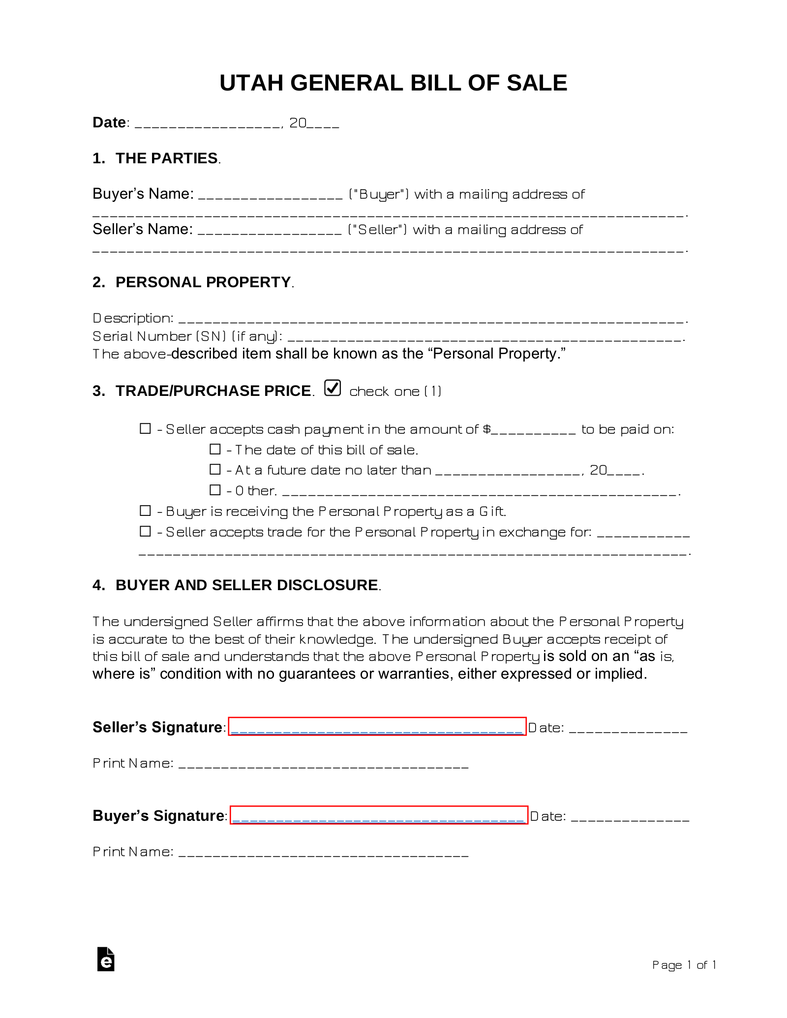 Free Utah General Bill Of Sale Form PDF Word EForms