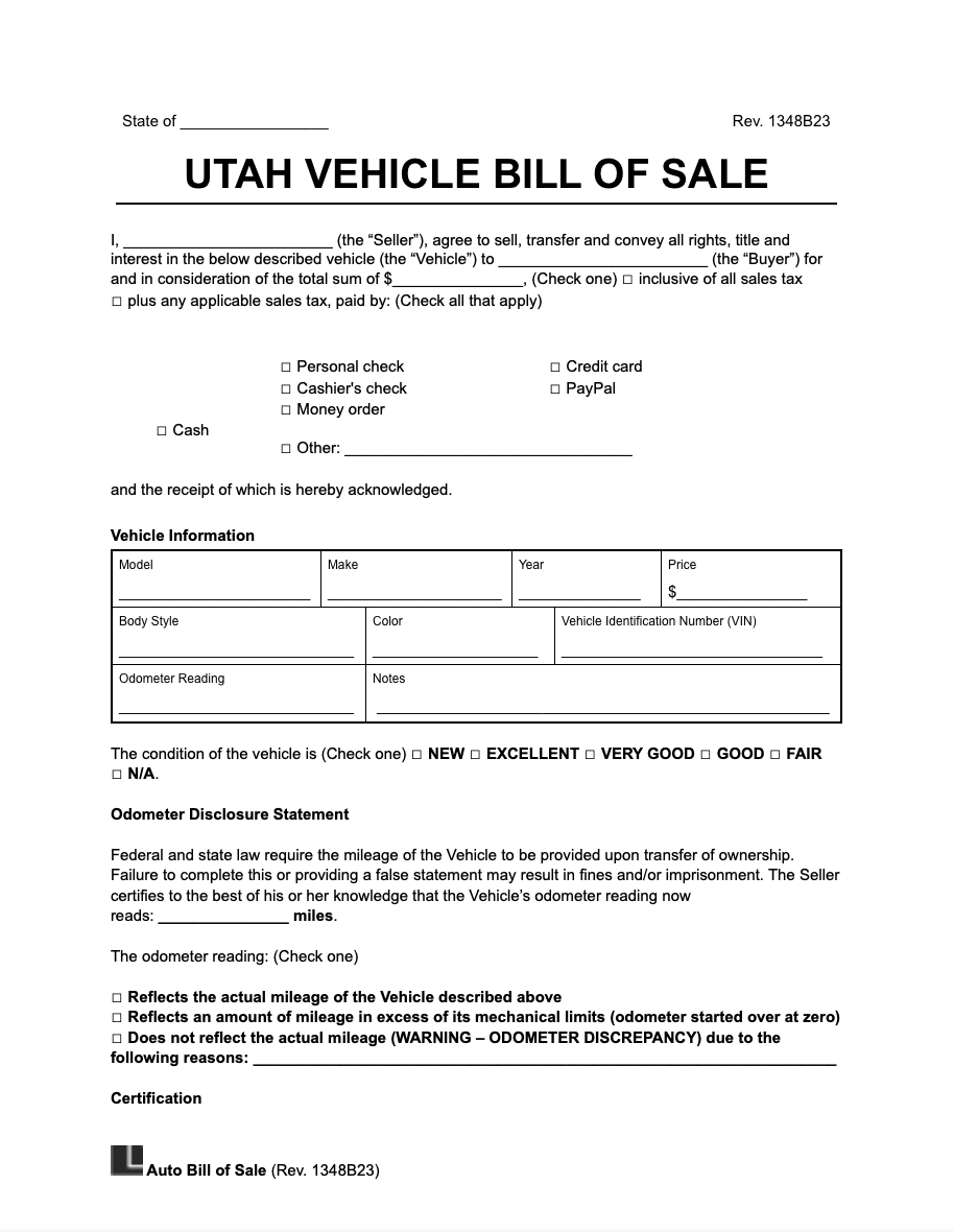 Free Utah Motor Vehicle Bill Of Sale Form PDF Word
