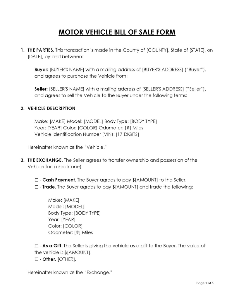 Free Vehicle Car Bill Of Sale Forms Word PDF