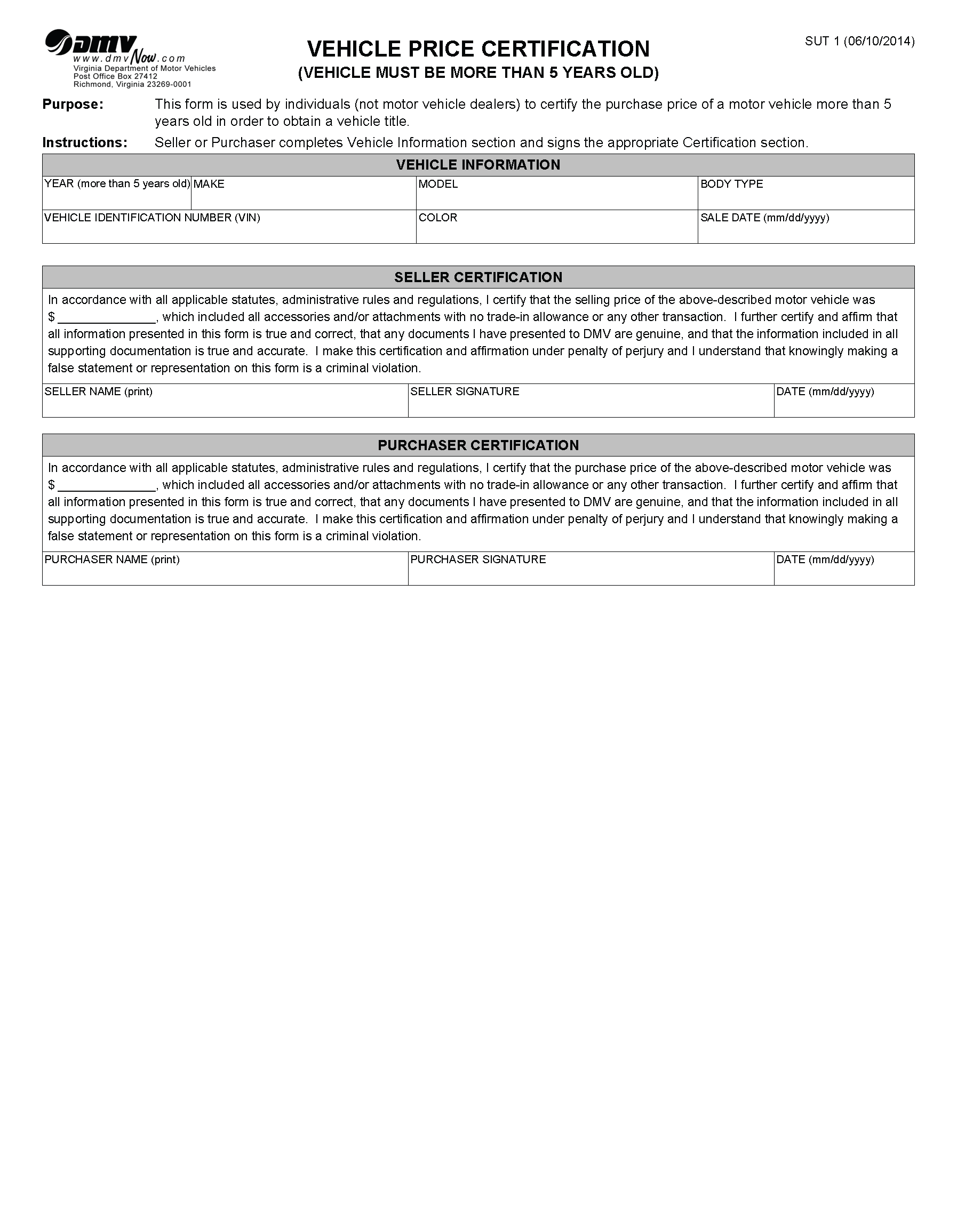Free Printable Vehicle Bill Of Sale Virginia