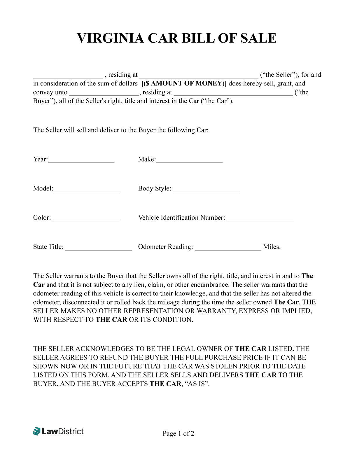 Free Virginia Bill Of Sale Samples PDF LawDistrict