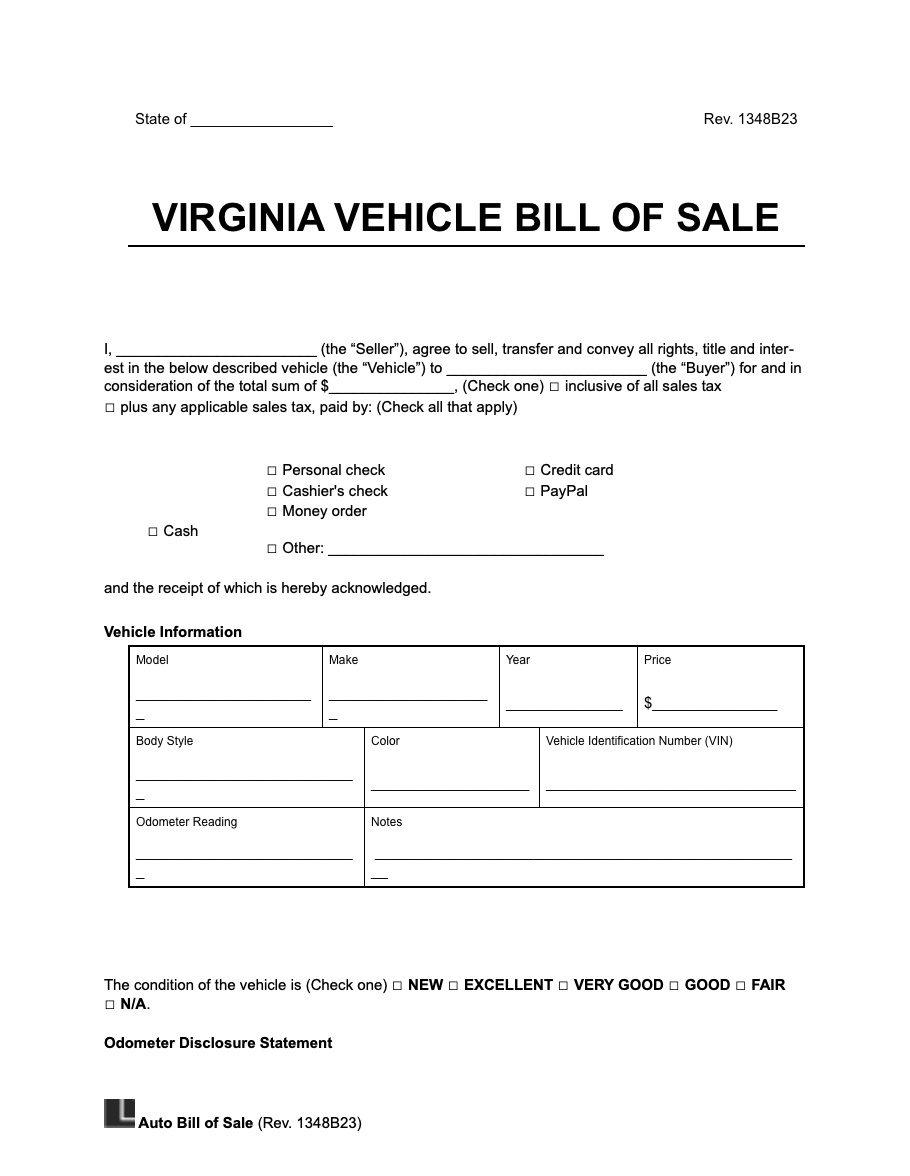 Free Virginia Motor Vehicle Bill Of Sale Form PDF Word