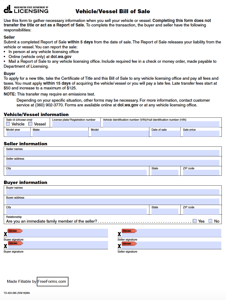 Free Washington Motor Vehicle Vessel DMV Bill Of Sale Form PDF