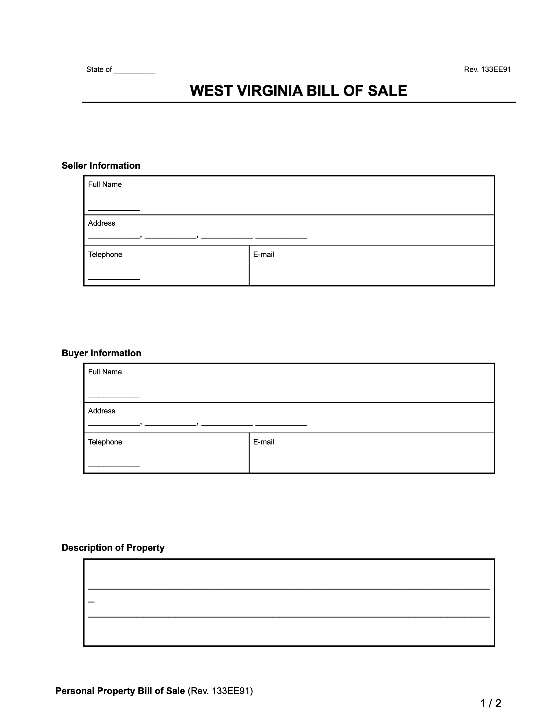 Free West Virginia Bill Of Sale Forms PDF Word