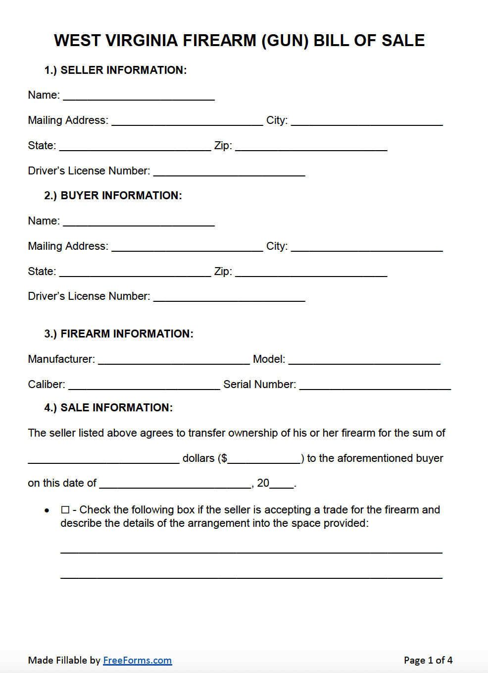 Free Printable Bill Of Sale For Vehicle In Wv