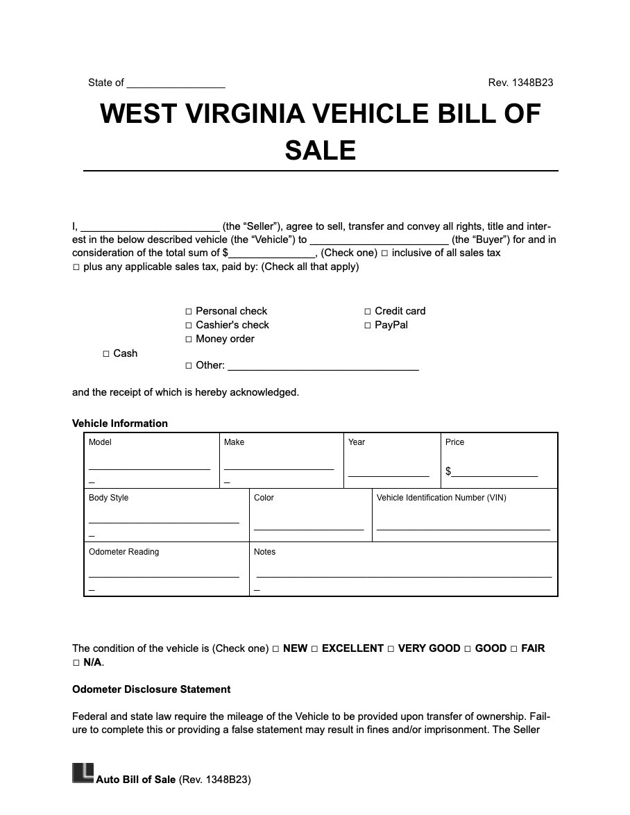 Free West Virginia Motor Vehicle Bill Of Sale Form PDF Word