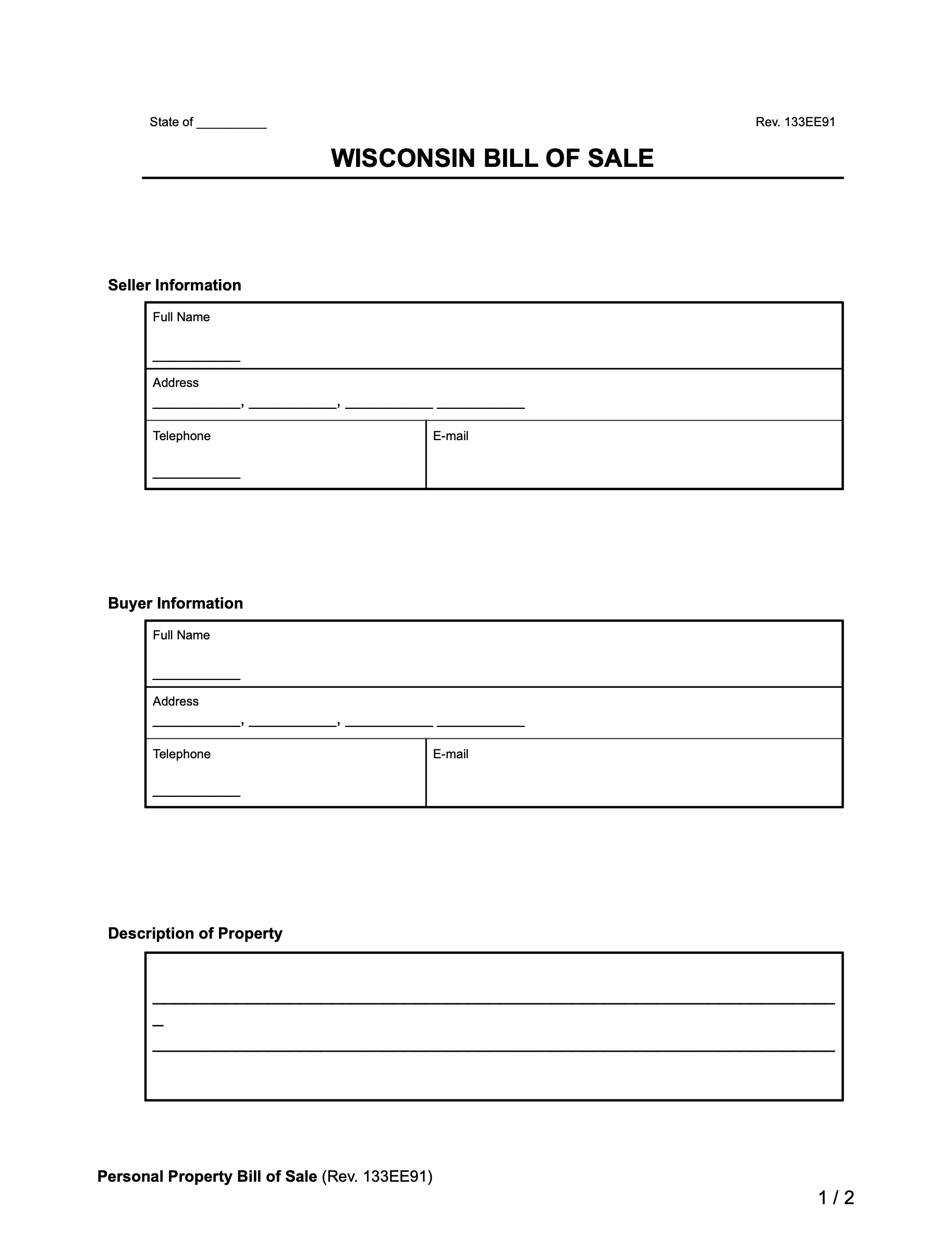 Free Wisconsin Bill Of Sale Forms PDF Word