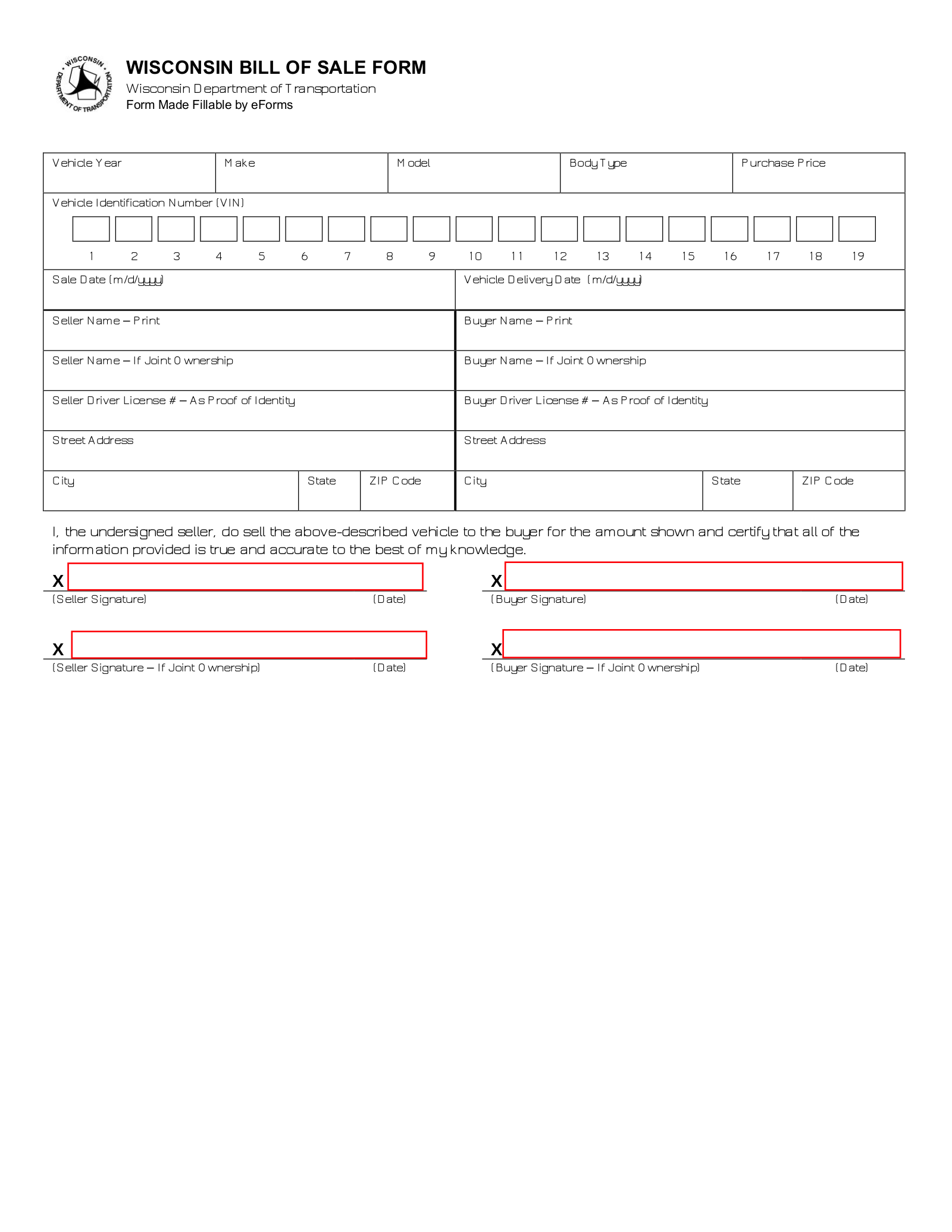 Free Wisconsin Motor Vehicle Bill Of Sale Form PDF EForms