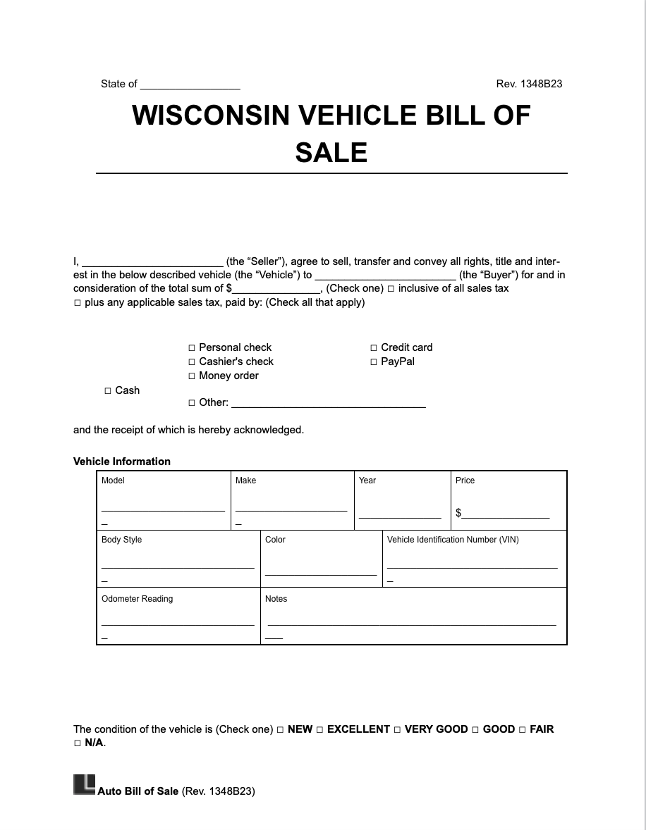 Free Wisconsin Motor Vehicle Bill Of Sale Form PDF Word