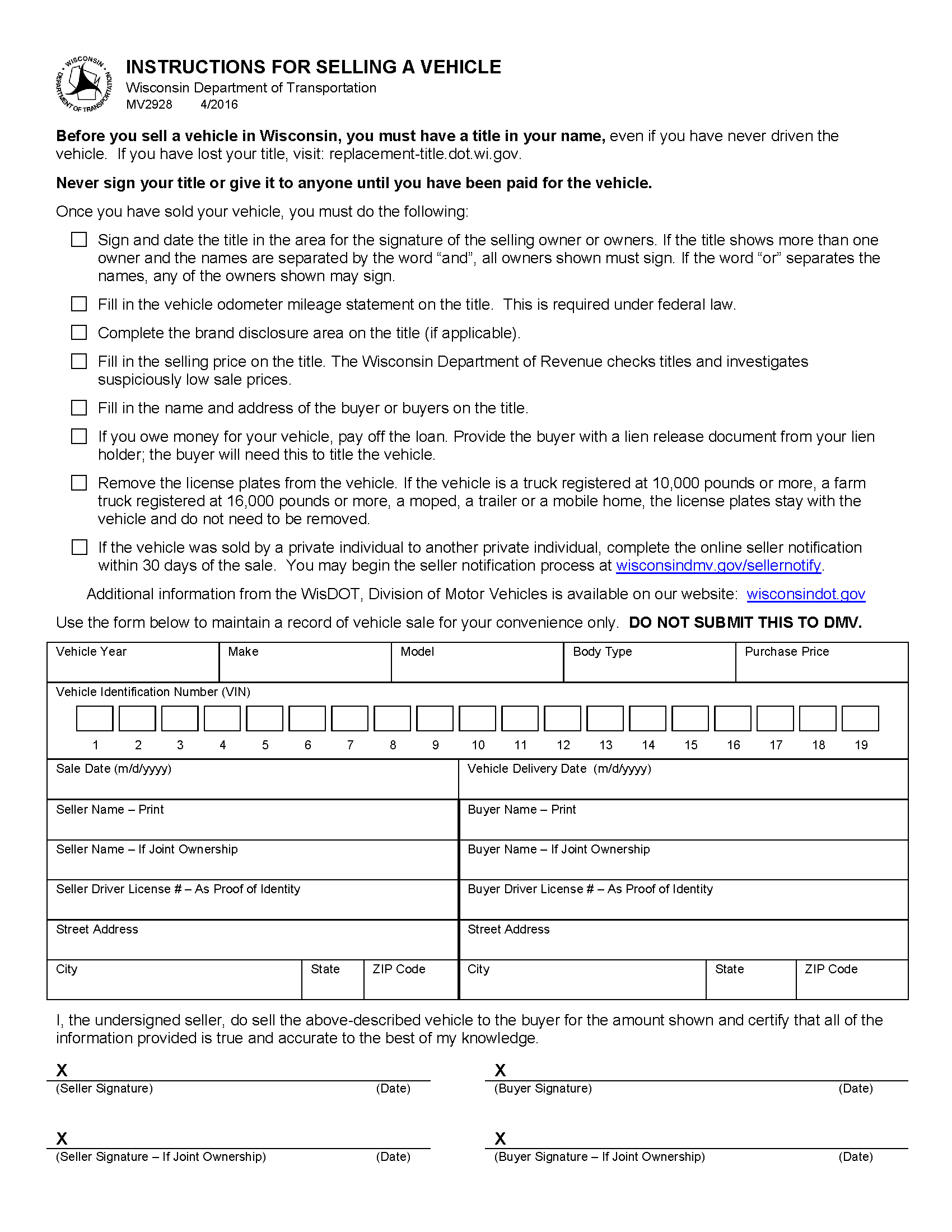 Free Wisconsin Motor Vehicle Bill Of Sale Form PDF