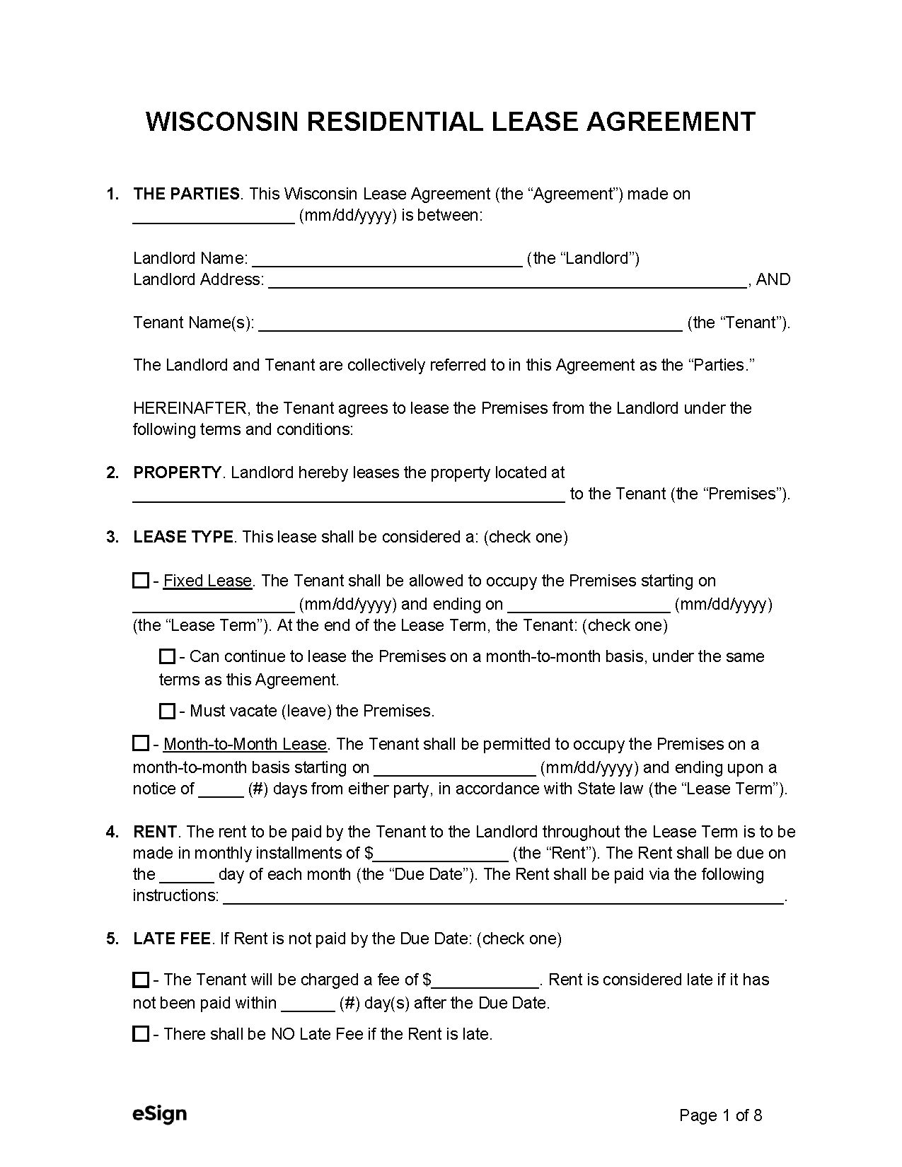 Free Wisconsin Rental Lease Agreement Templates 6 PDF Word