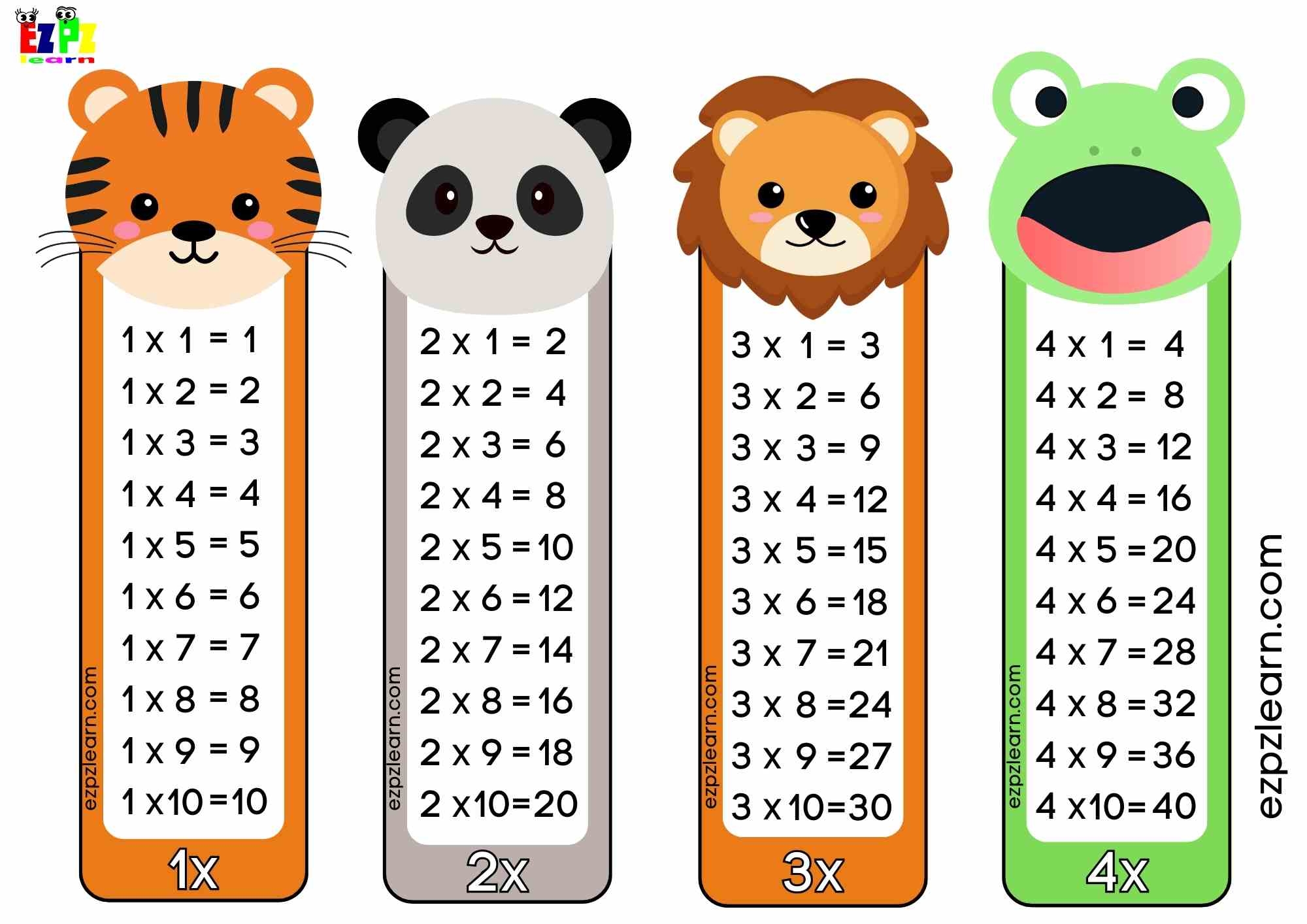 Fun Multiplication Times Table With Cute Animals For Kid s Math 1x 2x 3x And 4x Free PDF Download Ezpzlearn