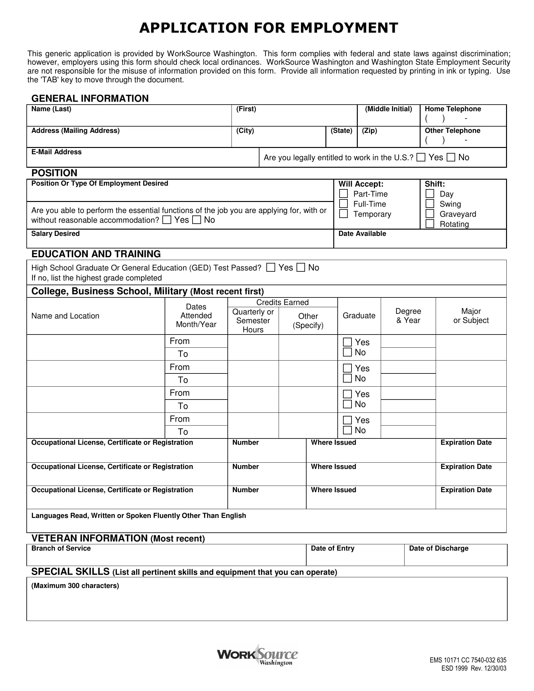 Generic Job Application Form Fill Out Printable PDF Forms Online