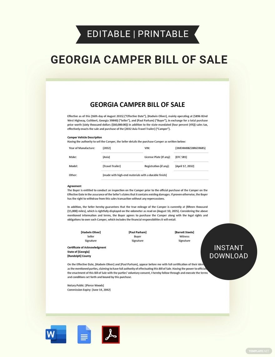 Georgia Camper Bill Of Sale Template In Google Docs PDF Word Download Template