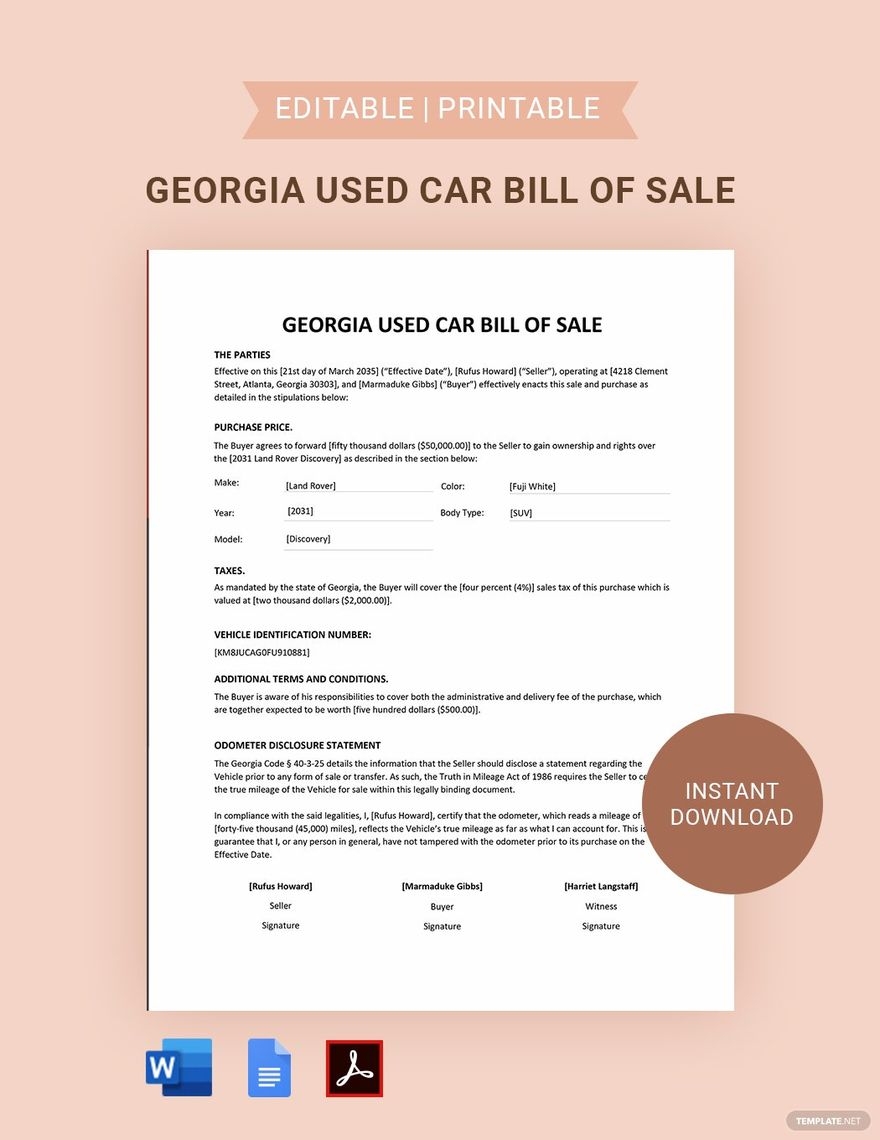 Georgia Used Car Bill Of Sale Template In Word Google Docs PDF Download Template