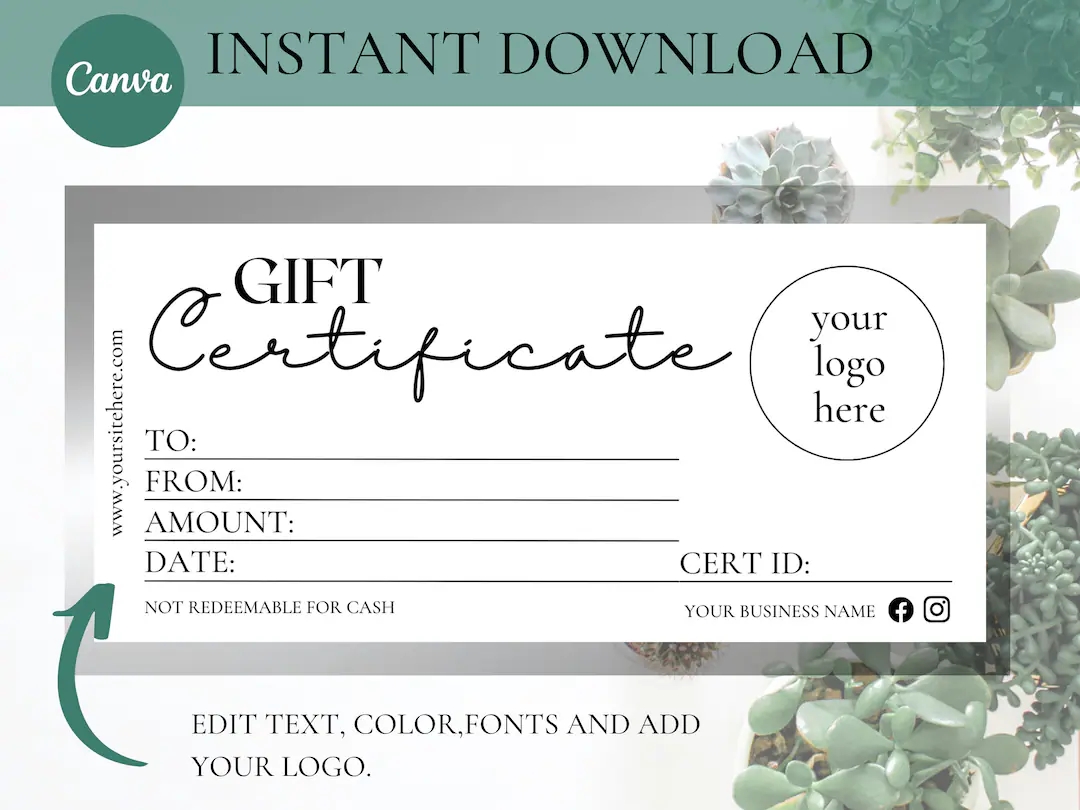 GIFT CERTIFICATE TEMPLATE Printable Canva Editable Gift Certificate Template With Logo Editable Gift Card Instant Download Gift Voucher Etsy