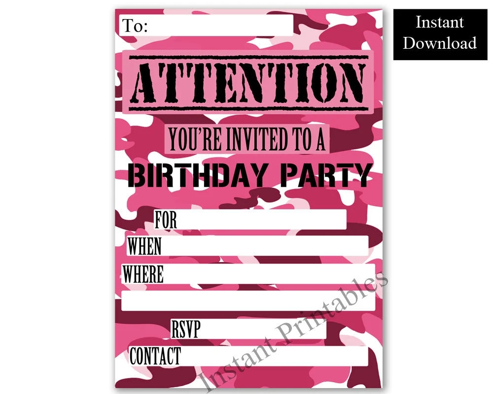 Girls Birthday Invite Pink Camo Printable Birthday Blank Party Invite Camo Army Printable Instant Download Teen Birthday Invite Etsy
