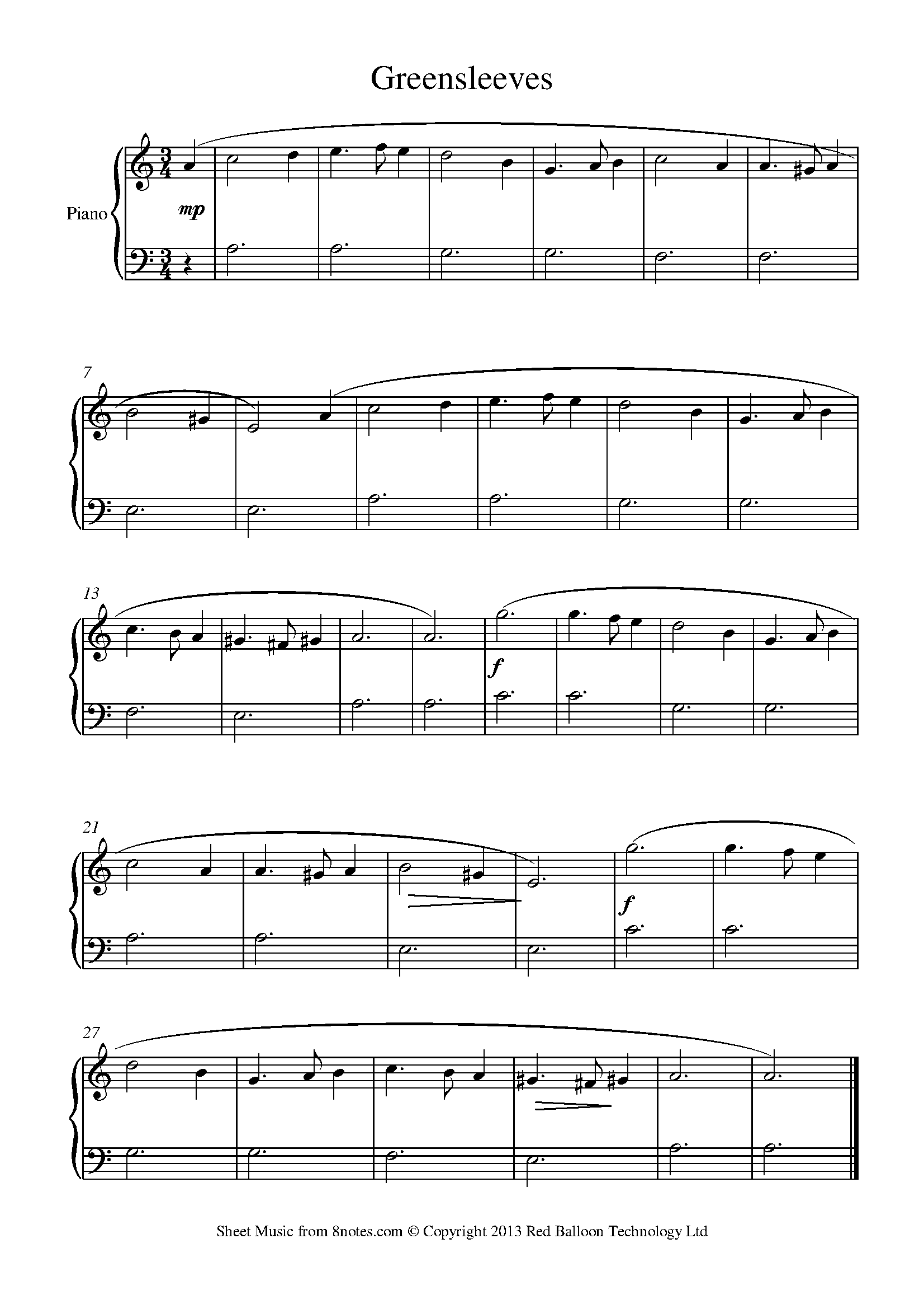 Greensleeves beginners For Piano Free Sheet Music For Piano 8notes
