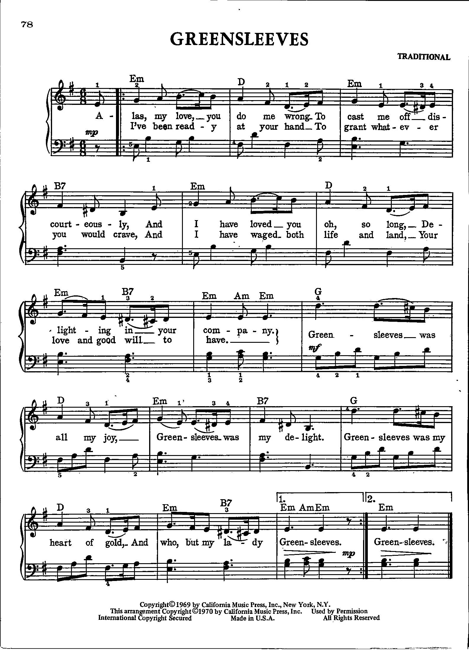 Greensleeves Digital Sheet Music For Piano Keyboards Guitar Organ And Voice Key Of E Minor Etsy