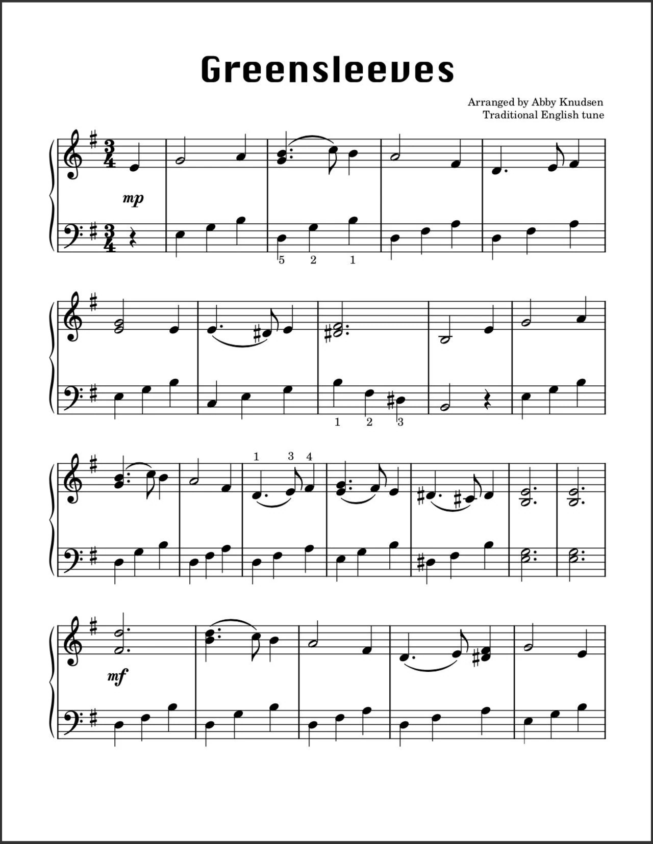 Greensleeves Easy Christmas Piano Sheet Music Printable PDF Etsy