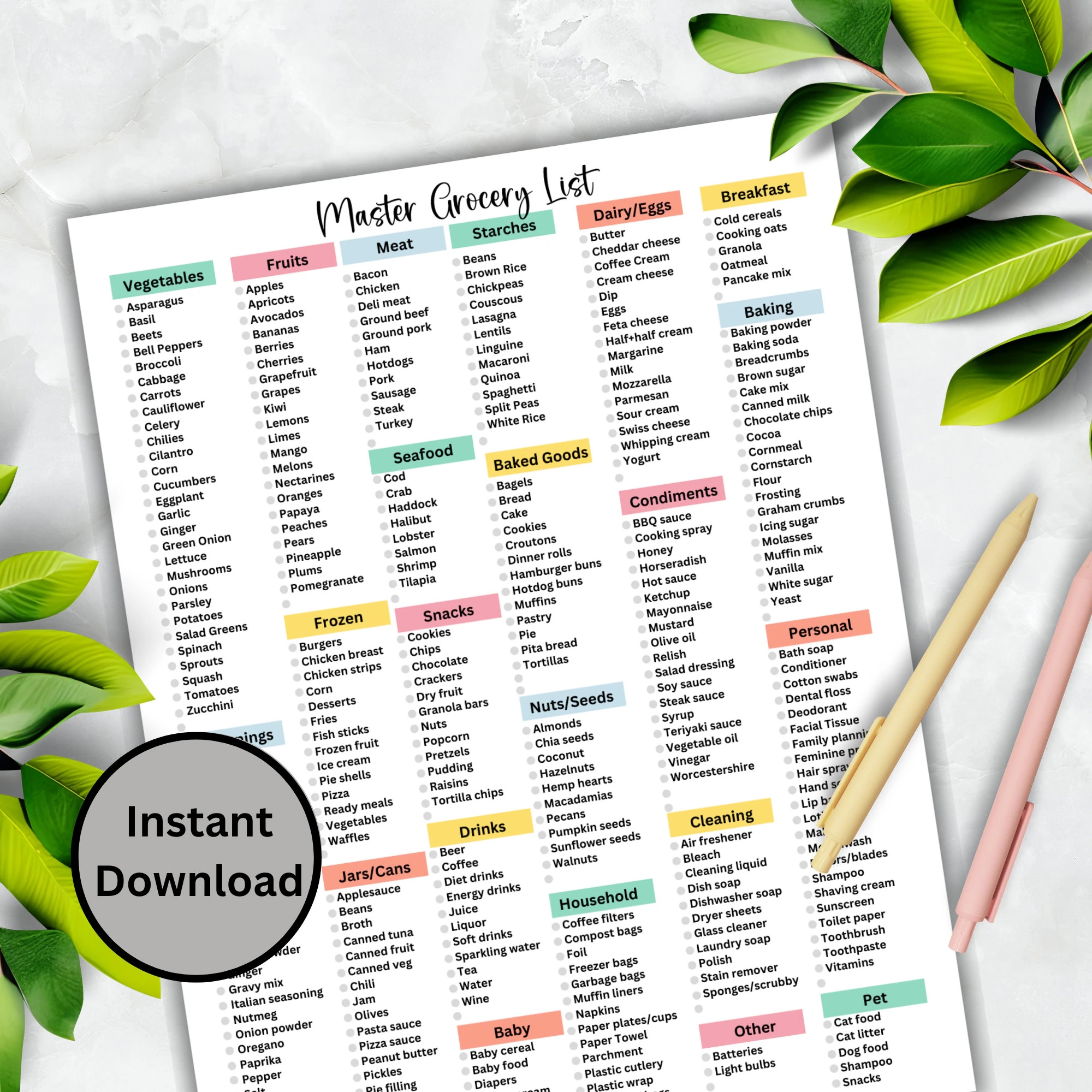 Grocery List Printable Colorful Grocery Shopping List Editable Master Grocery List Grocery Checklist Printable Grocery List Canva Template Etsy