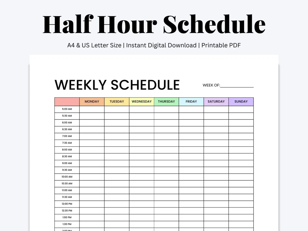 Half Hour Weekly Planner Printable Productivity Schedule PDF Etsy