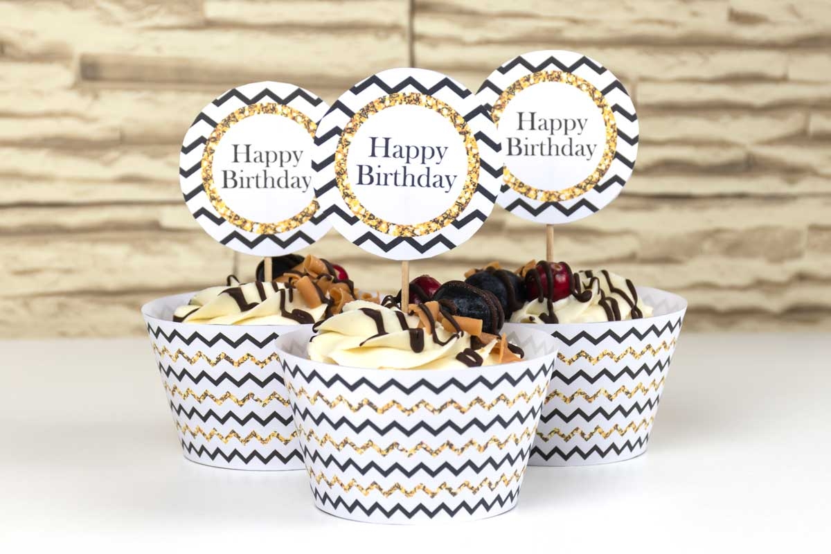 Happy Birthday Cupcake Toppers And Wrappers black Chevron And Glitter Chevron Lemon