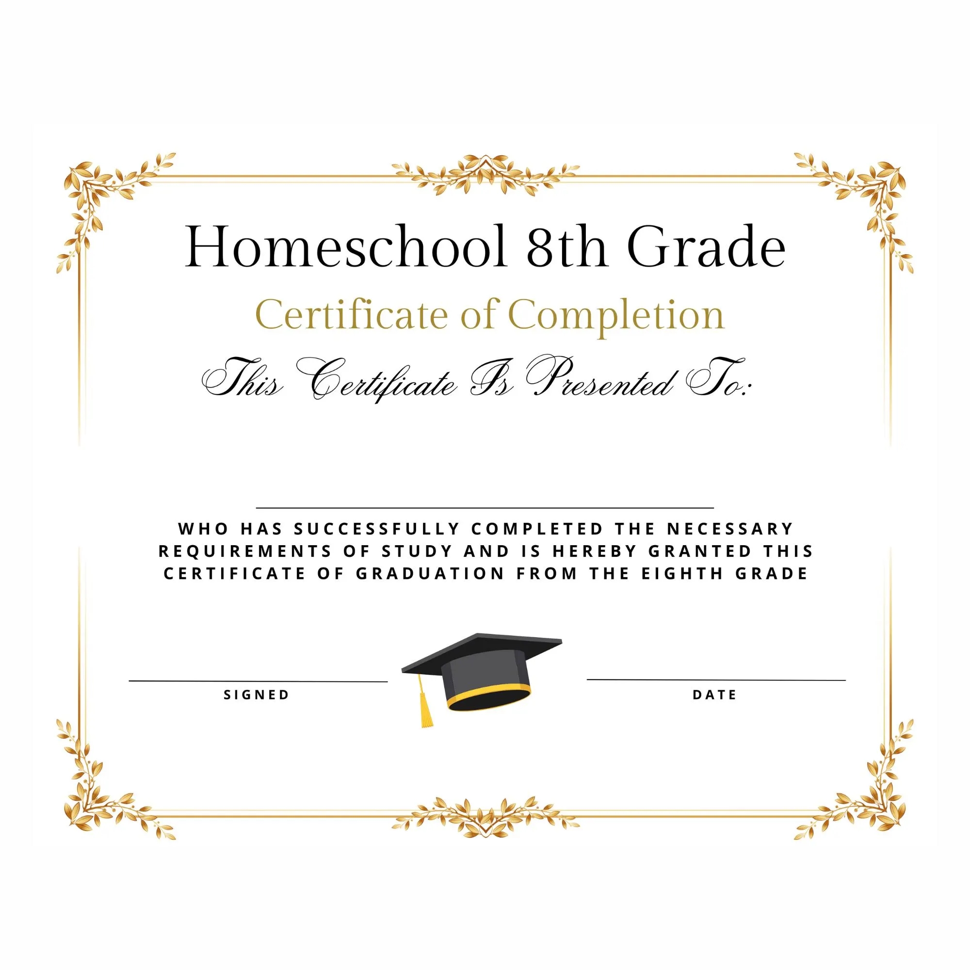 Homeschool 8th Eighth Grade Graduation Diploma Certificate Promotion Completion Instant Print Affordable Professional Pretty Swirl Design Etsy