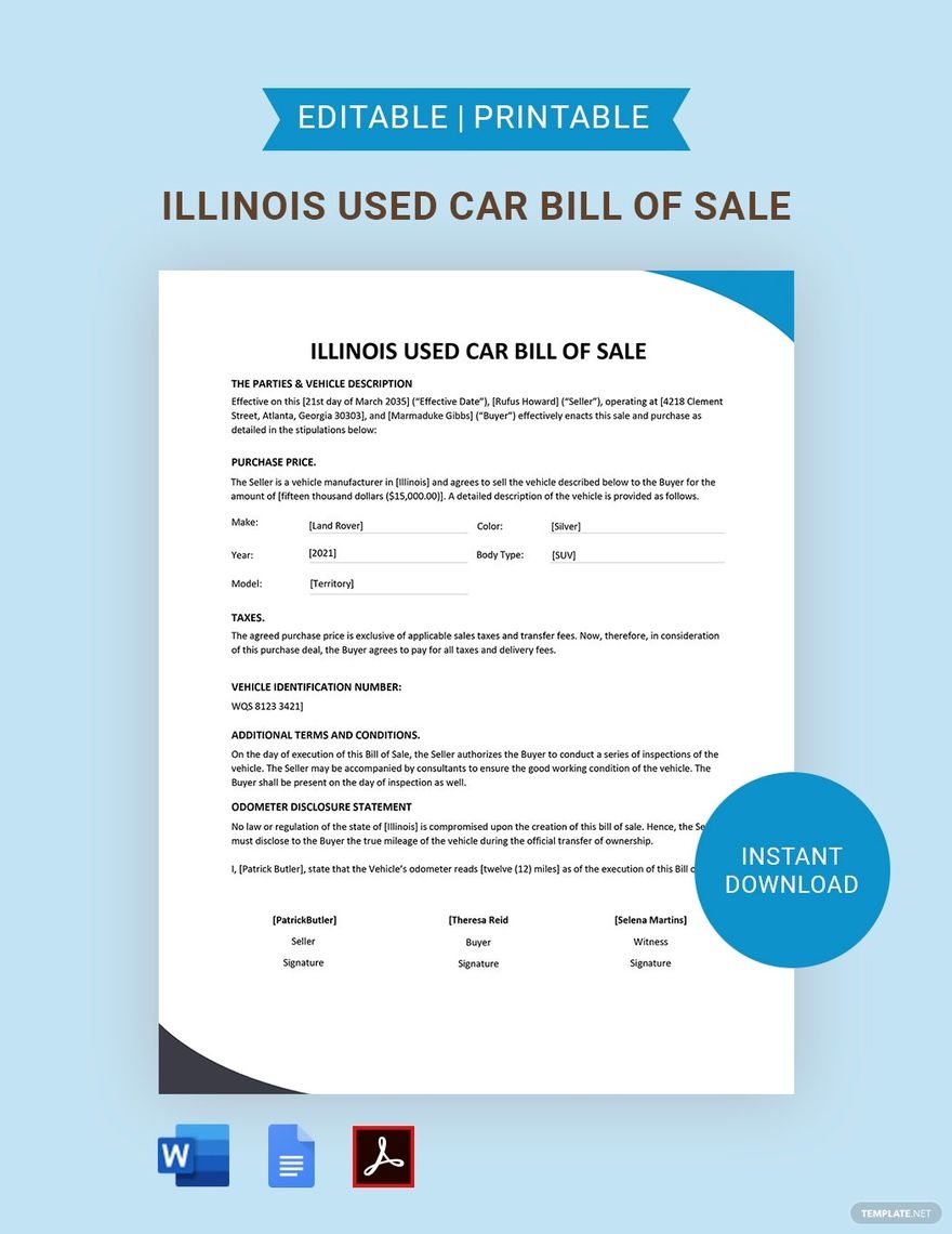 Illinois Used Car Bill Of Sale Form Template In Word Google Docs PDF Download Template