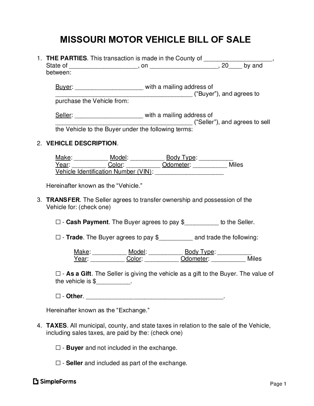 Free Printable Bill Of Sale Missouri