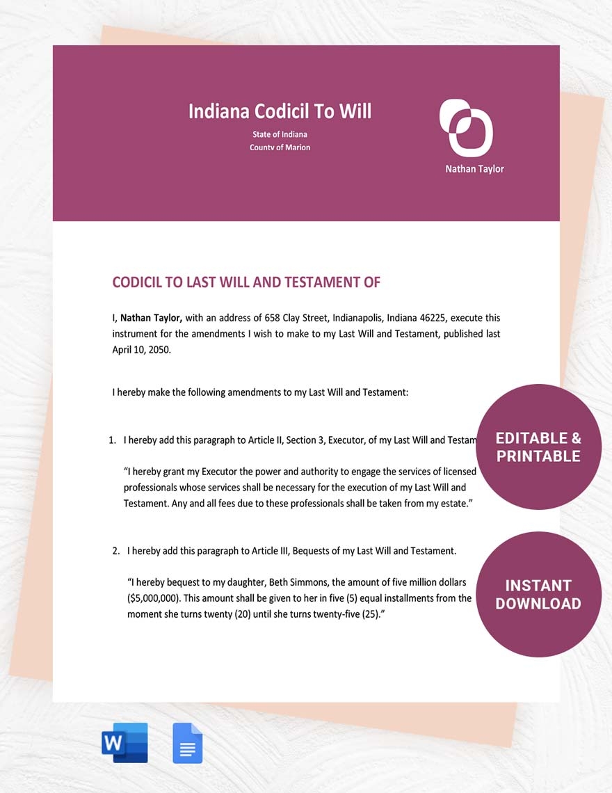 Indiana Codicil To Will Template In Google Docs Word Download Template 