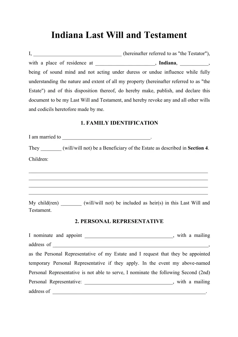 Indiana Last Will And Testament Template Download Printable PDF Templateroller