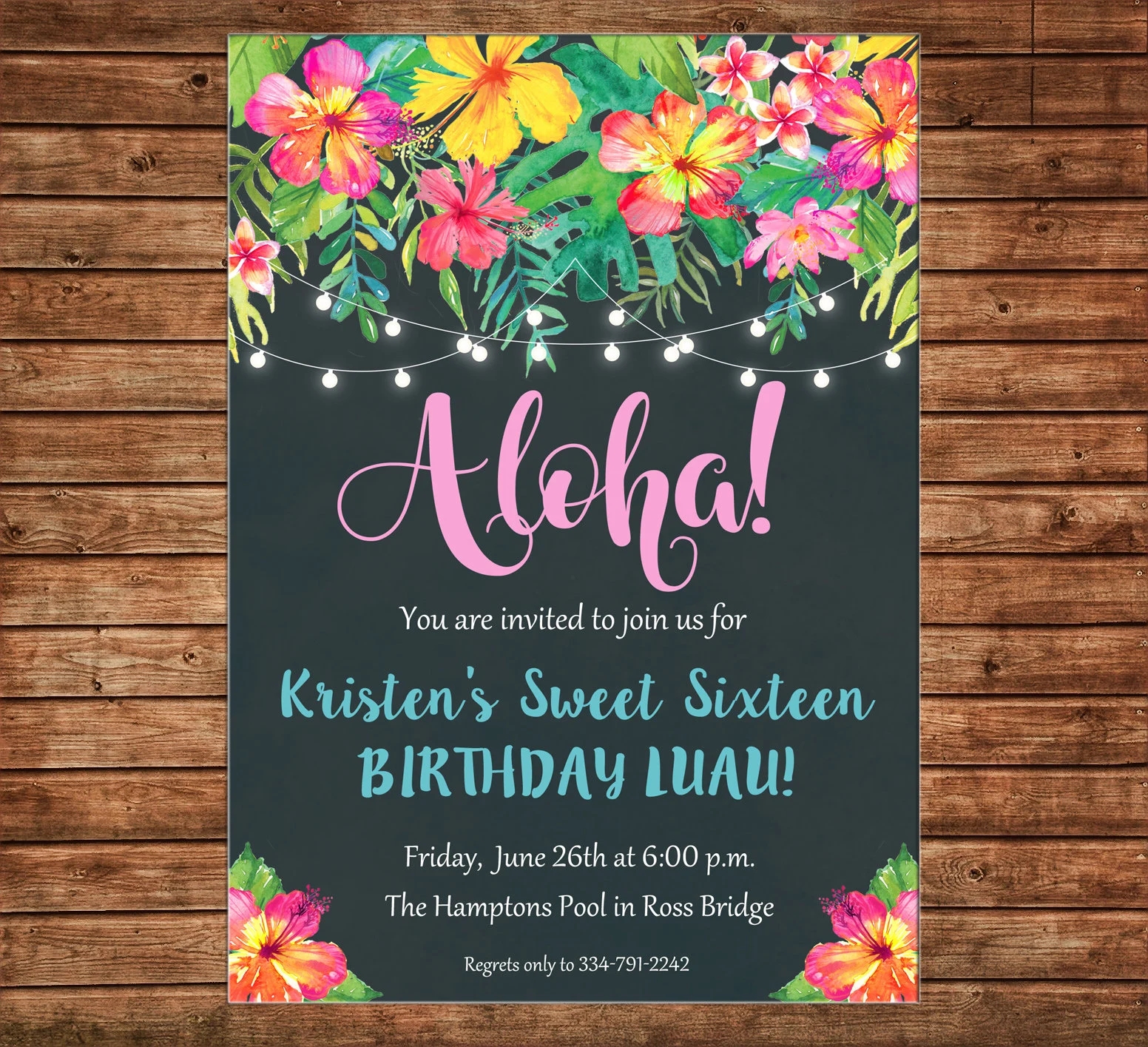 Invitation Watercolor Hawaiian Tropical Flowers Luau Party Can Personalize Colors wording Printable File Or Printed Cards