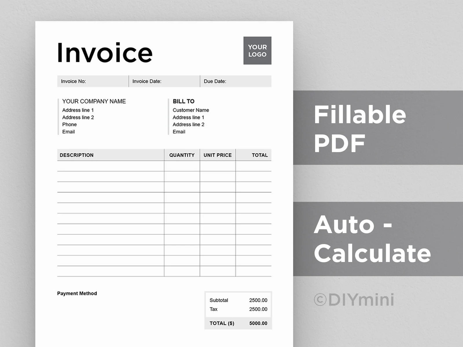 Invoice Template Editable Fillable PDF Template Auto Calculate A4 US Letter Size Instant Download Printable Etsy
