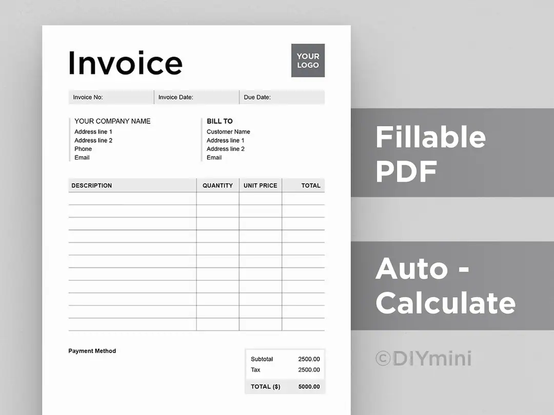 Invoice Template Editable Fillable PDF Template Auto Calculate A4 US Letter Size Instant Download Printable Etsy