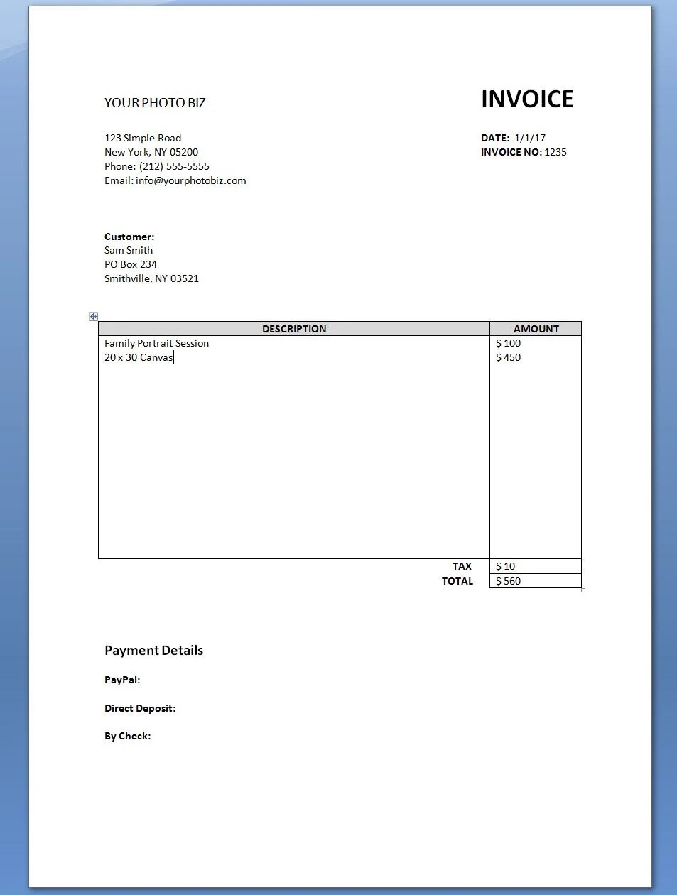 Invoice Template Microsoft Word Tax Invoice Letter Size Photography Invoice Template Etsy Australia